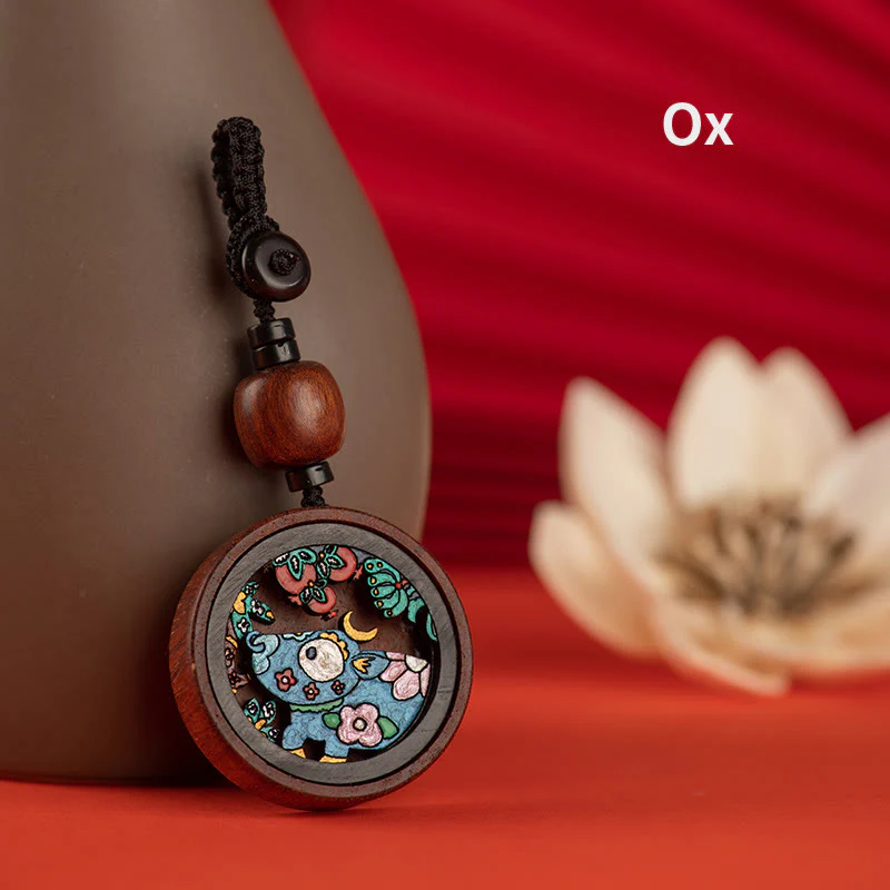 Buddha Stones Year Of The Dragon Hand Painted Chinese Zodiac Rosewood Carved Calm Key Chain
