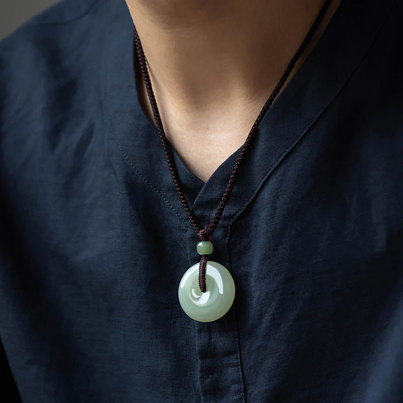 Buddha Stones Natural Round Jade Peace Buckle Luck Prosperity Necklace Pendant
