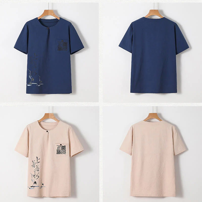 Buddha Stones 2Pcs Chinese Characters Crane Cotton Shirt Pants With Pockets Men's Meditation Cloth Set