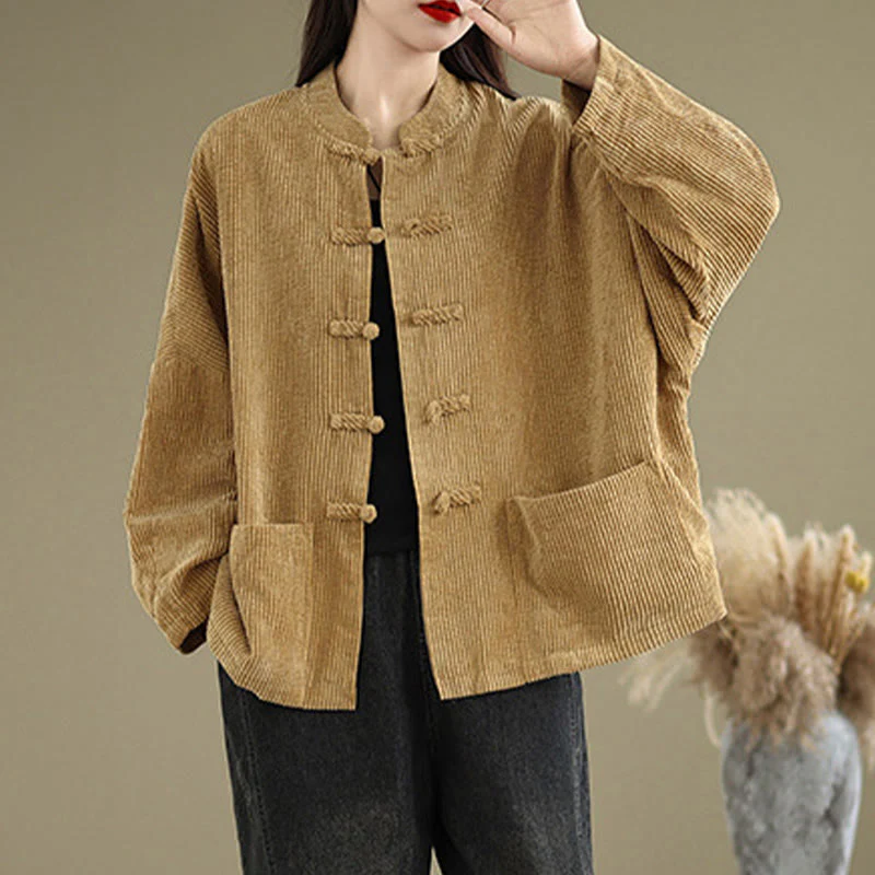 Buddha Stones Frog-button Stand Collar Women's Cotton Linen Corduroy Jacket