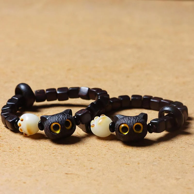 Buddha Stones Ebony Wood Cute Cat Bodhi Seed Paw Claw Square Beads Calm Bracelet
