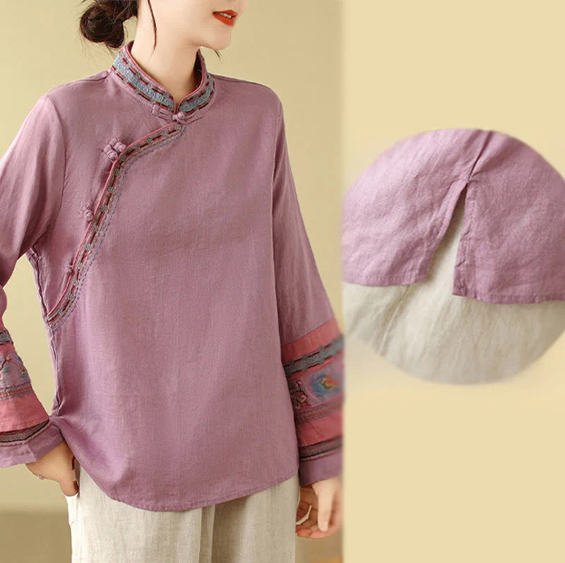 Buddha Stones Embroidered Slanted Buttons Cotton Linen Women's Shirt