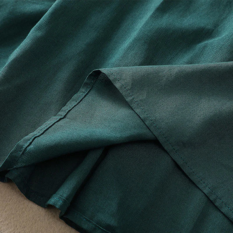 Buddha Stones DarkGreen Plain Ruffled Crew Neck Buttons Design Cotton Midi Dress With Pockets