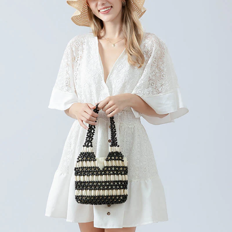 Buddha Stones Hand-woven Round Wooden Beads Handbag