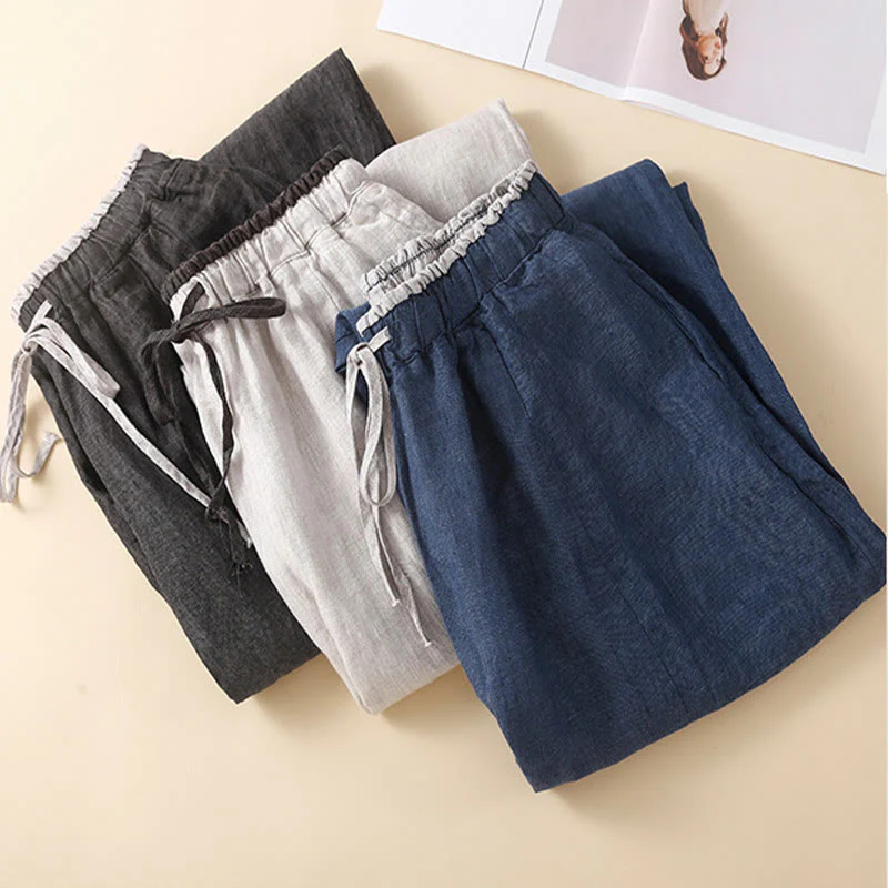 Buddha Stones Solid Color Carrot Type Drawstring Cotton Linen Women's Pants With Pockets