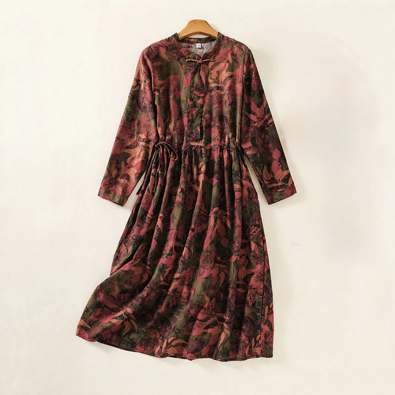 Buddha Stones Casual Printing Drawstring Chinese Frog-Button Cotton Linen Midi Dress With Pockets