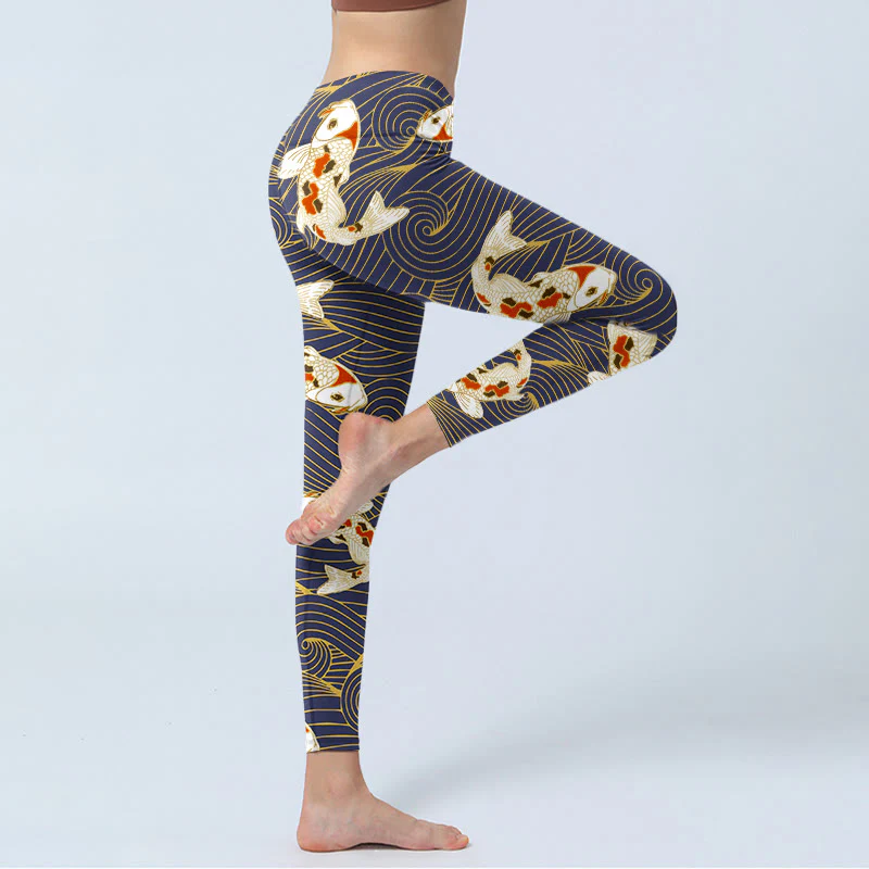 Buddha Stones White Red Koi Fish Ocean Waves Print Gym Leggings Women's Yoga Pants