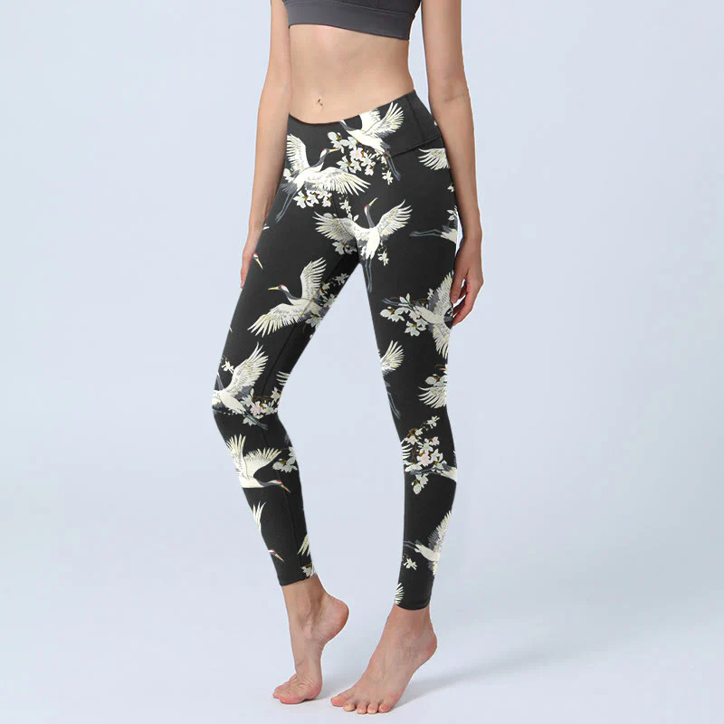 Buddha Stones White Cranes Blossoms Print Gym Leggings Women's Yoga Pants