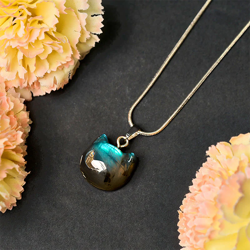 Buddha Stones Natural Cat Pattern Labradorite Healing Necklace Pendant