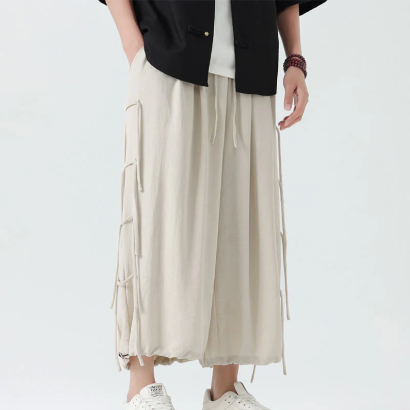 Buddha Stones Casual Loose Lanyard Design Waist Rope Men's 7-8 Length Spandex Pants With Pockets