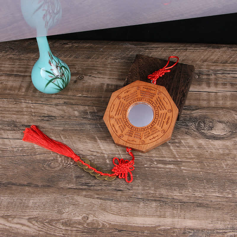 Buddha Stones Feng Shui Bagua Map Peach Wood Five-Emperor Coins Chinese Knotting Balance Energy Map Mirror