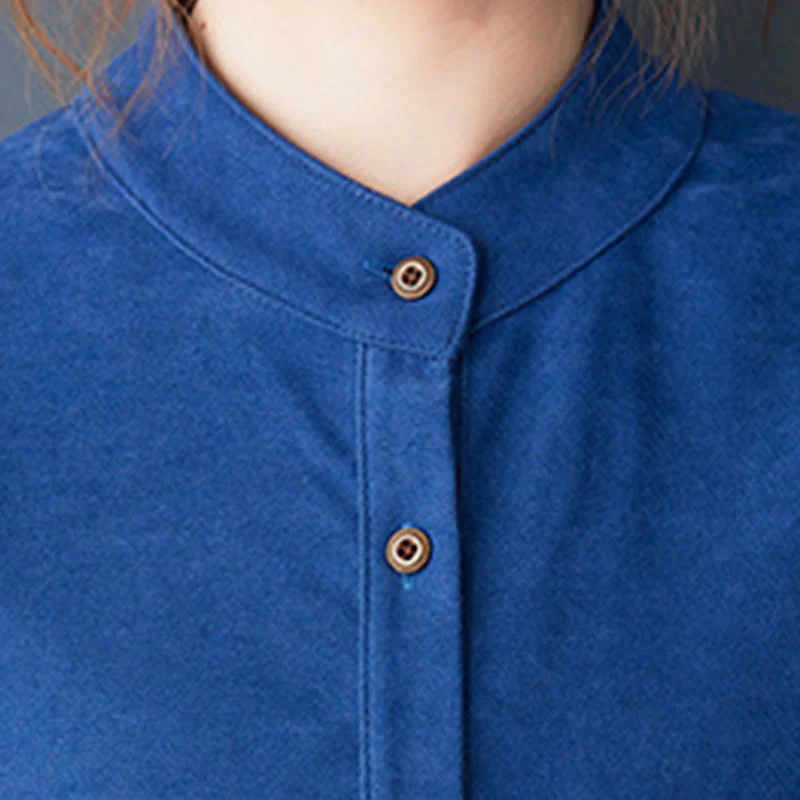 Buddha Stones Casual Plain Buttons Design Thermal Cotton Linen Midi Dress With Pockets