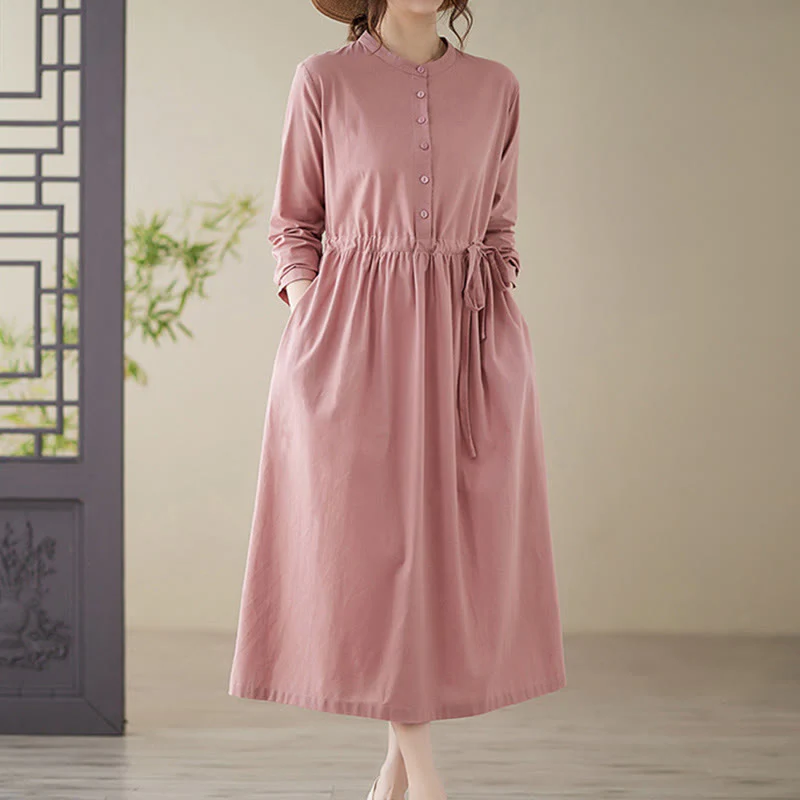 Buddha Stones Casual Plain Crew Neck Lace-up Cotton Linen Midi Dress With Pockets