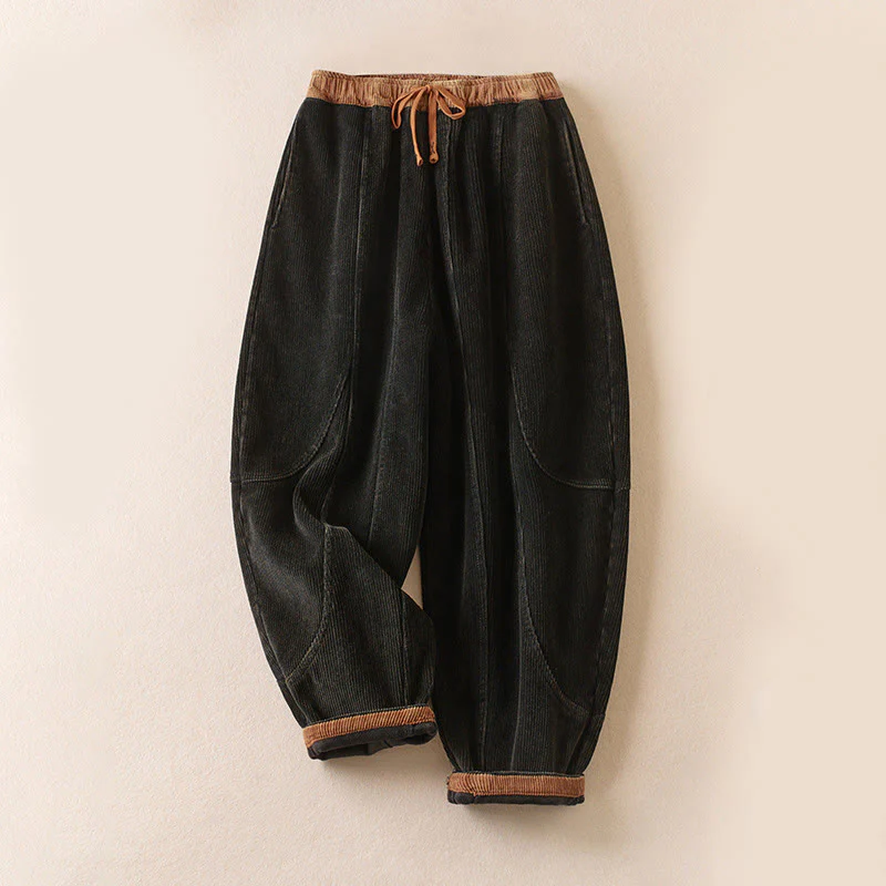 Buddha Stones Color Contrast Corduroy Cotton Women's Thermal Fleece-Lined Harem Pants With Pockets