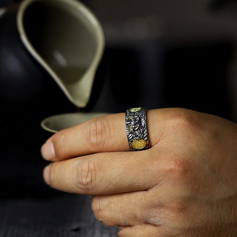 Buddha Stones 925 Sterling Silver PiXiu Copper Coin Brass Wealth Luck Adjustable Ring