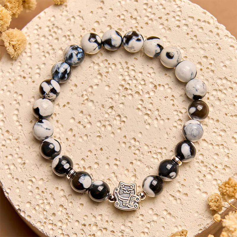 Buddha Stones 925 Sterling Silver Black and White Cat Fire Agate Bead Love Bracelet