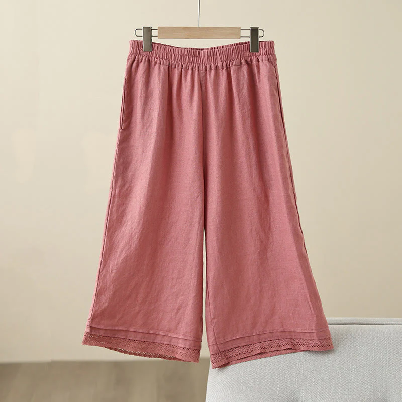 Buddha Stones Commute Retro Plain Lace Patchwork Design 7-8 Length Women's Wide Leg Cotton Pants With Pockets