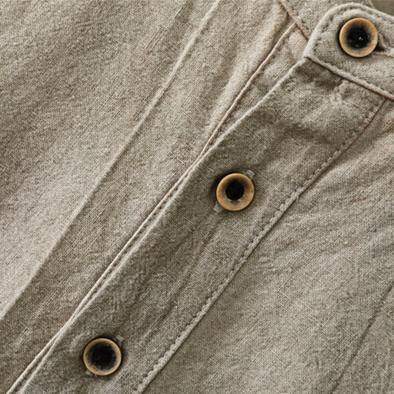 Buddha Stones Plain Pleats Half Buttons Design Stand Collar Men's Long Sleeve Cotton Linen Shirt