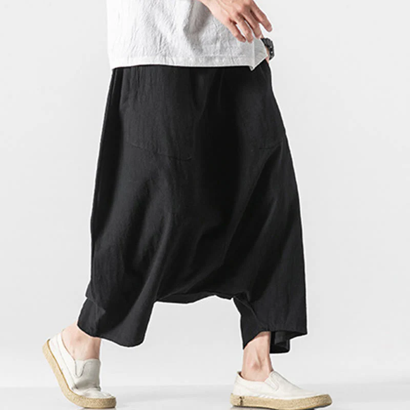 Buddha Stones Casual Low Crotch Design Drawstring Men's 7-8 Length Cotton Linen Wide Leg Pants With Pockets