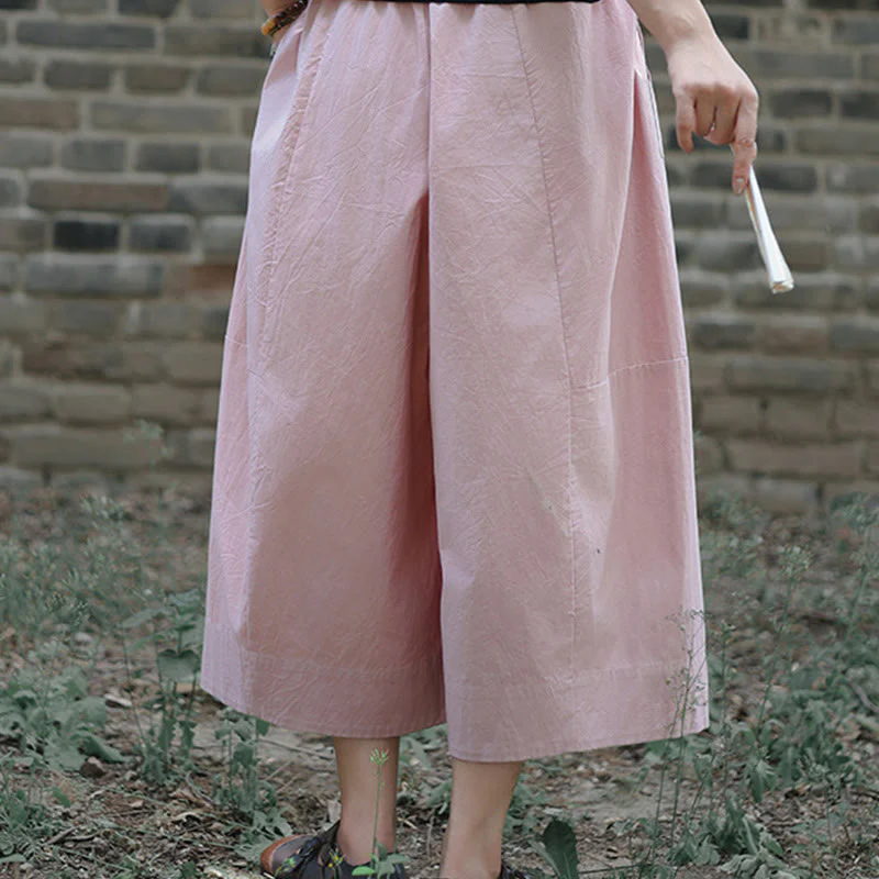 Buddha Stones Casual Plain Cotton High Waist Women's Wide Leg Capri Cropped Pants With Pockets