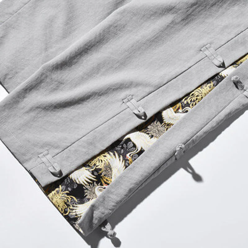 Buddha Stones Casual Patchwork Crane Pattern Frog-Button Design Men's Wide Leg Pants With Pockets