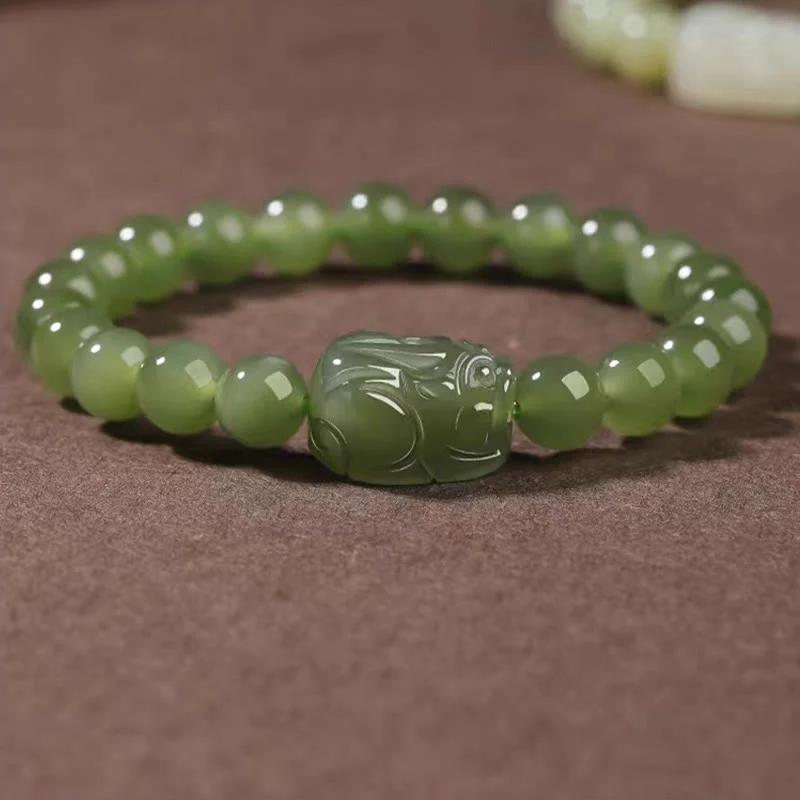 Buddha Stones Natural Hetian Jade PiXiu Carved Luck Bracelet