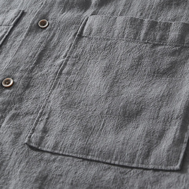 Buddha Stones Casual Buttons Design Stand Collar Men's Short Sleeve Cotton Linen Shirt With Pockets