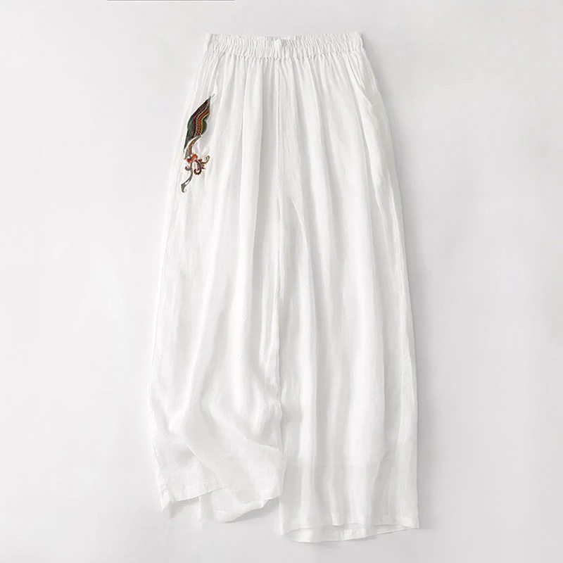 Buddha Stones Summer Embroidery Double Layer Cotton Linen Women's Wide Leg Pants With Pockets