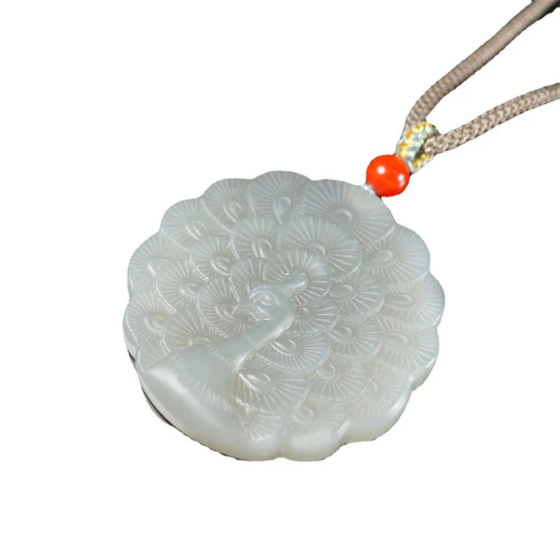 Buddha Stones White Jade Peacock Protection Blessing Necklace Pendant