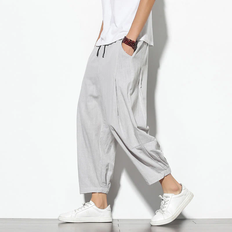 Buddha Stones Summer Men's 7-8 Length Cotton Linen Carrot Pants With Pockets