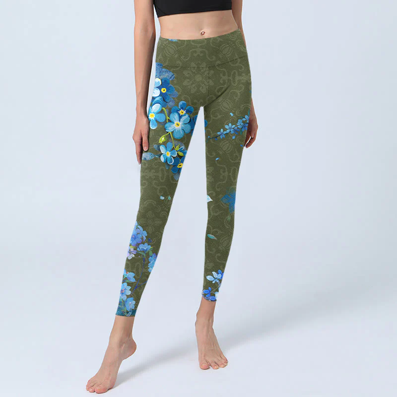 Buddha Stones Blue Flowers Butterflies Print Gym Leggings Women's Yoga Pants