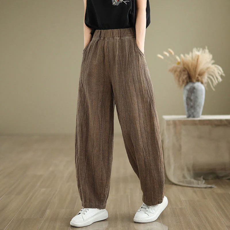 Buddha Stones Casual Plain Women's Cotton Linen Harem Pants With Pockets