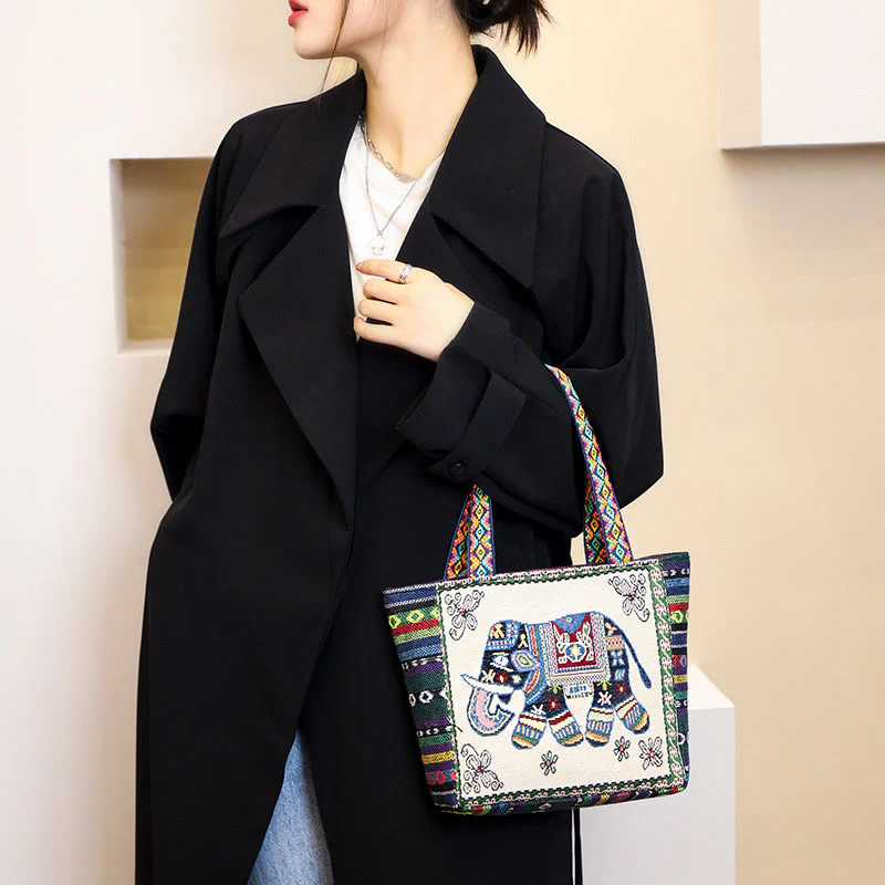 Buddha Stones Elephant Butterfly Embroidered Large Capacity Canvas Tote Bag Shoulder Bag