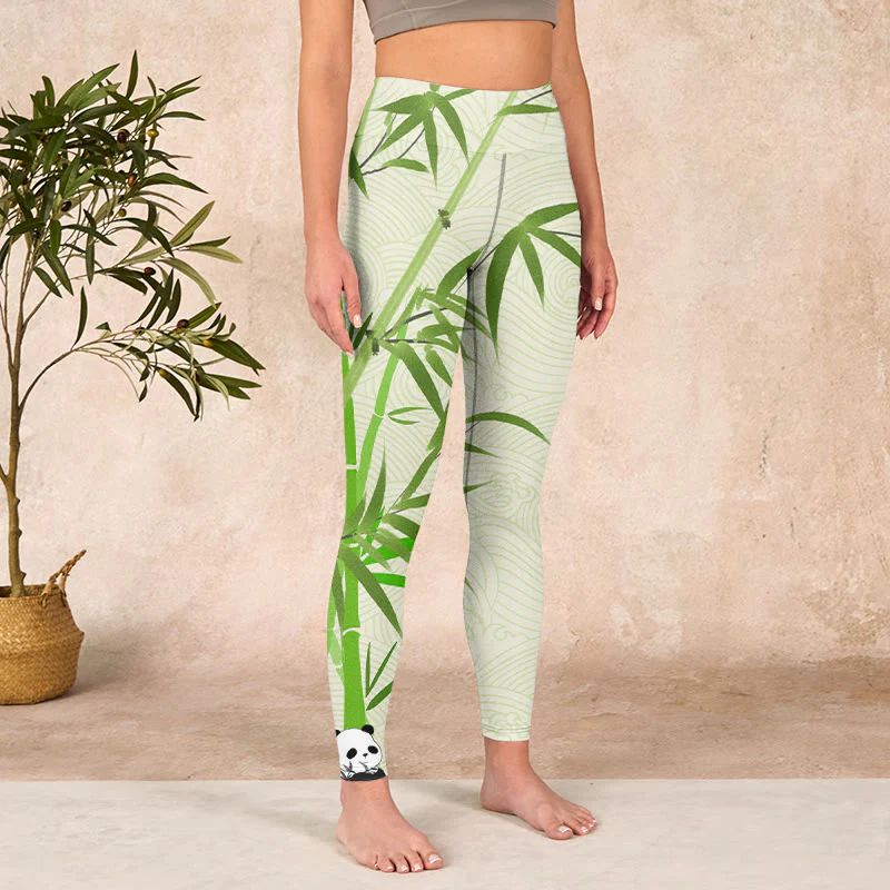 Buddha Stones Lush Bamboo Panda Auspicious Cloud Waves Print Gym Leggings Women's Yoga Pants