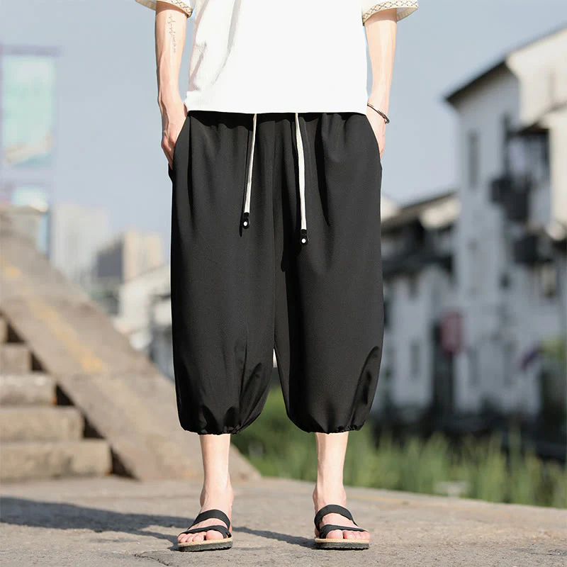 Buddha Stones Solid Drawstring Men's Capri Cropped Harem Pants With Pockets