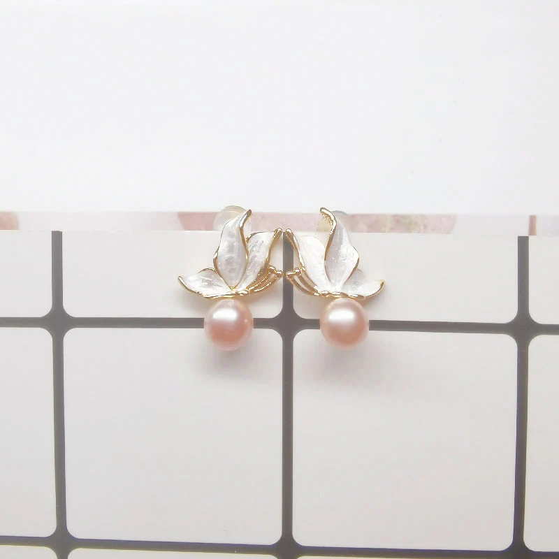 Buddha Stones 925 Sterling Silver Posts Copper Plated Gold Natural Pearl Bead Butterfly Wisdom Stud Earrings