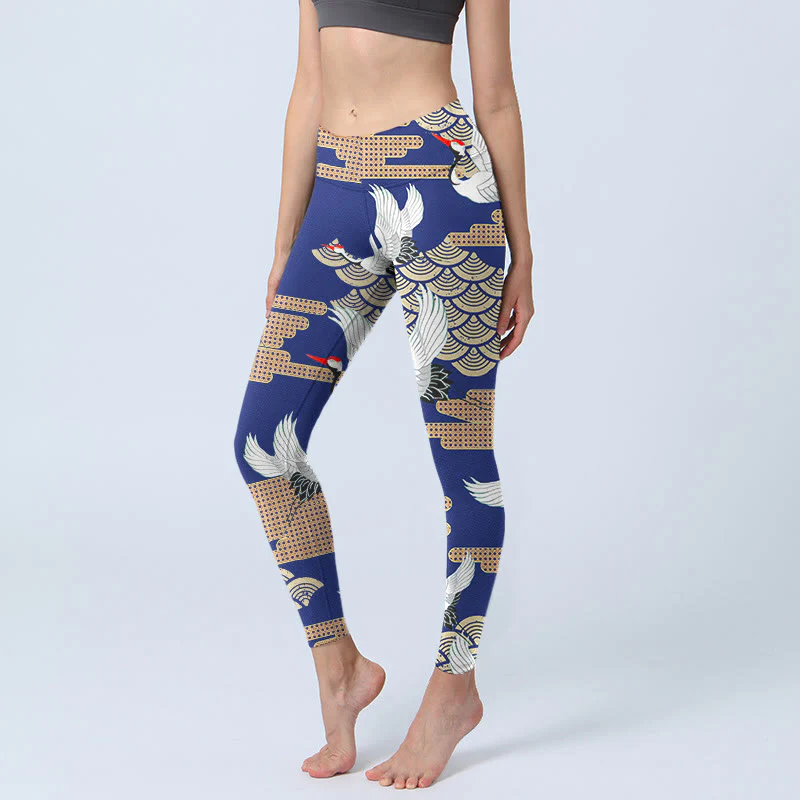 Buddha Stones Red-crowned Cranes Fan-shaped Auspicious Clouds Print Gym Leggings Women's Yoga Pants