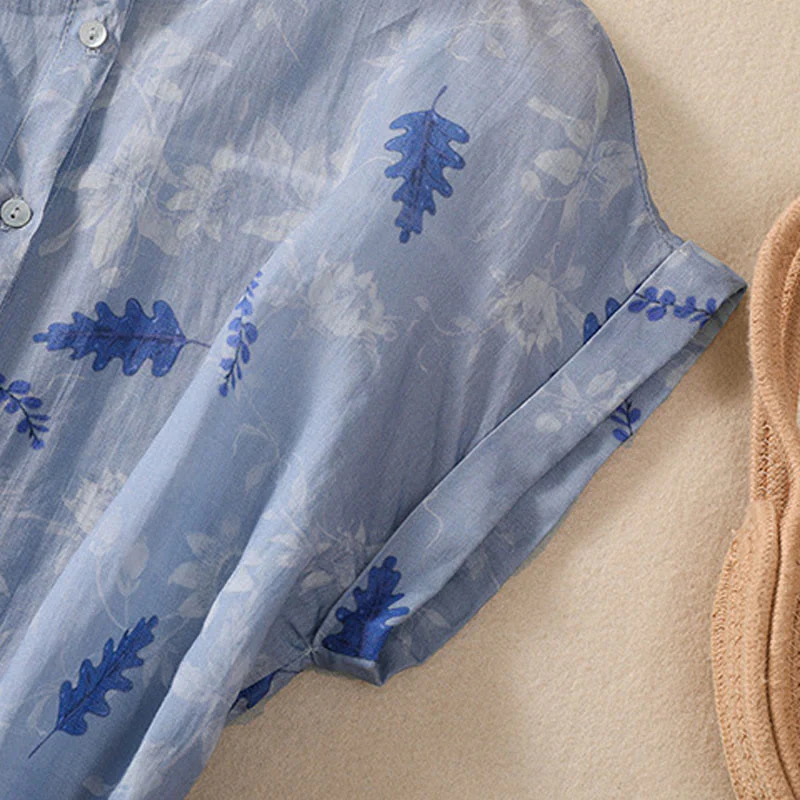 Buddha Stones Small Yellow Flower Leaves Buttons Short Sleeve Women's Shirt