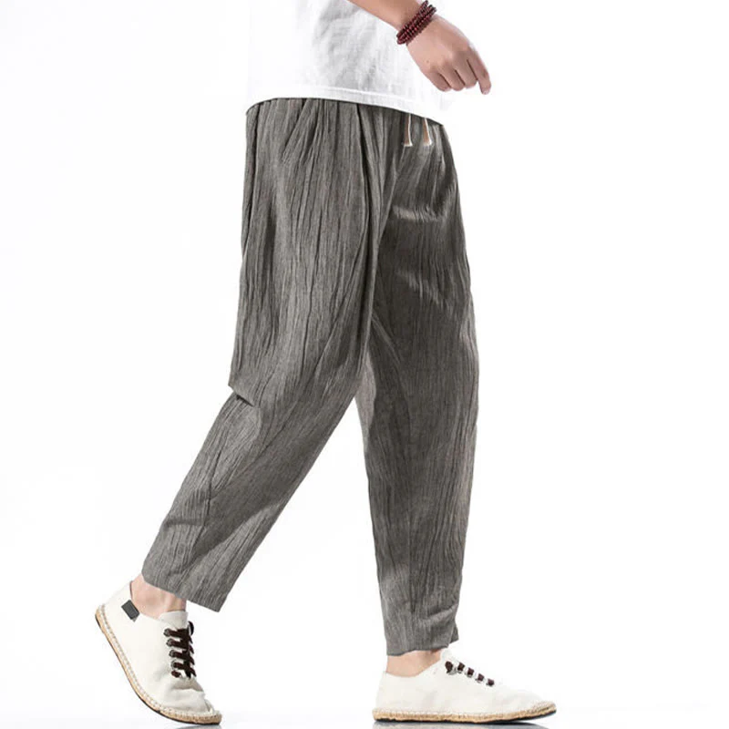 Buddha Stones Casual Plain Pleated Design Drawstring Men's Long Cotton Linen Harem Pants With Pockets