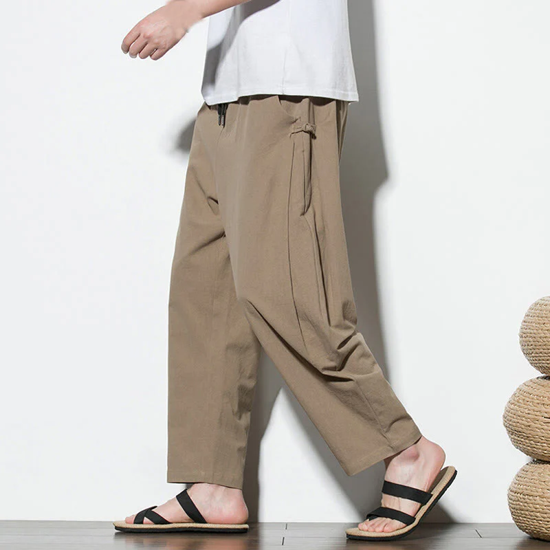 Buddha Stones Summer Side Frog-Button Design Men's Cotton Linen Pants With Pockets