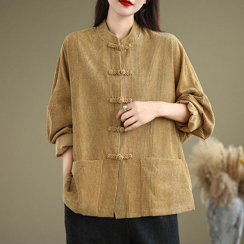Buddha Stones Frog-button Stand Collar Women's Cotton Linen Corduroy Jacket