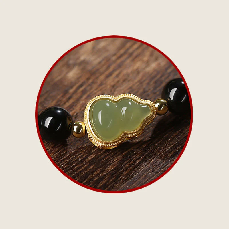 Buddha Stones Natural Black Obsidian Hetian Jade Gourd Double Happiness Strength Bracelet