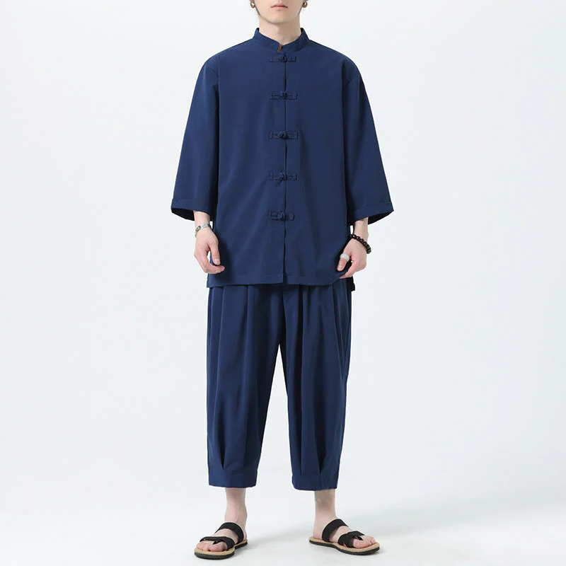 Buddha Stones 2Pcs Solid Frog-Button Three Quarter Sleeve Shirt Pants Men's Set