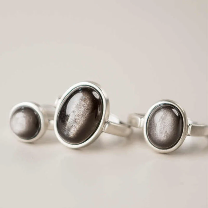 Buddha Stones Natural 925 Sterling Silver Silver Sheen Obsidian Adjustable Protection Ring