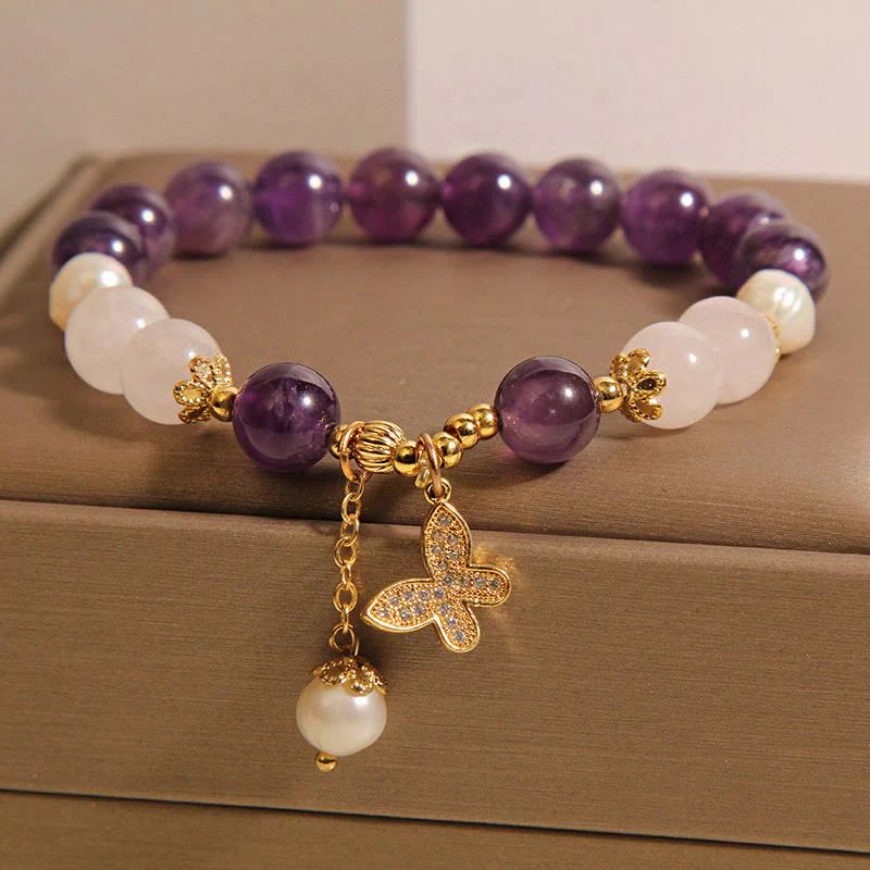 Buddha Stones Natural Amethyst Pearl Crystal Spiritual Healing Butterfly Charm Bracelet