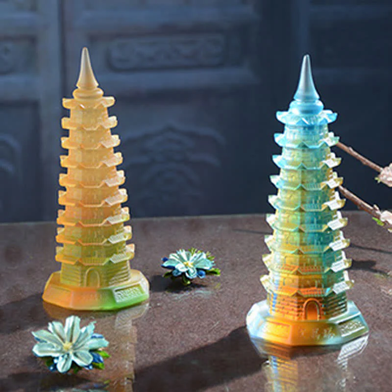 Buddha Stones Feng Shui Wenchang Tower Handmade Liuli Crystal Pagoda Art Piece Luck Home Office Decoration
