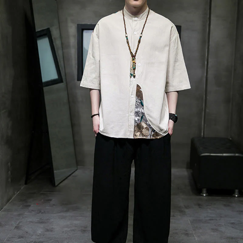 Buddha Stones Embroidery Patchwork Simple Design Three Quarter Sleeve Men's Cotton Linen Shirt