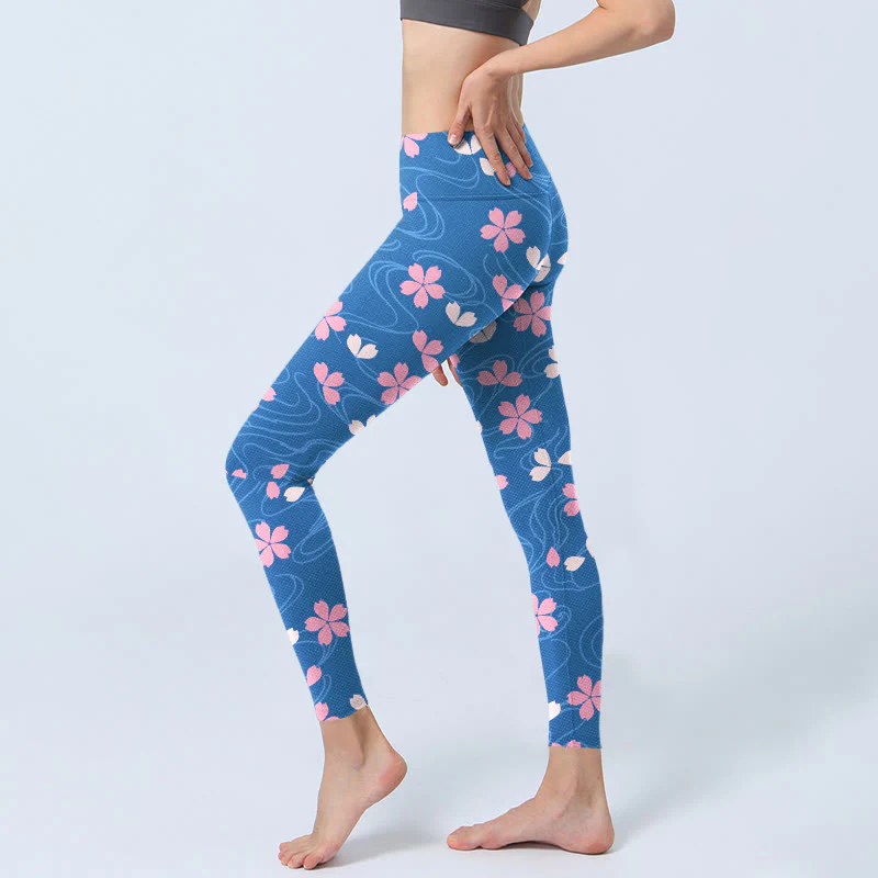 Buddha Stones Pink Cherry Blossoms Lines Print Gym Leggings Women's Yoga Pants