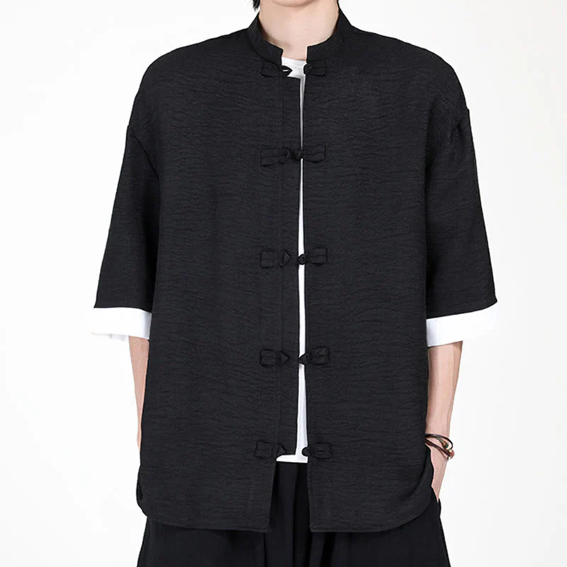 Buddha Stones Plain Tang Suit Frog-Button Design Men's Half Sleeve Shirt