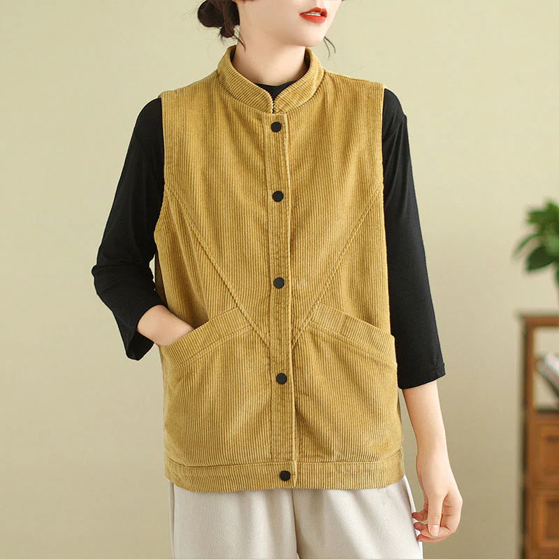 Buddha Stones Plain Sleeveless Women's Cotton Vest Corduroy Waistcoat With Pockets